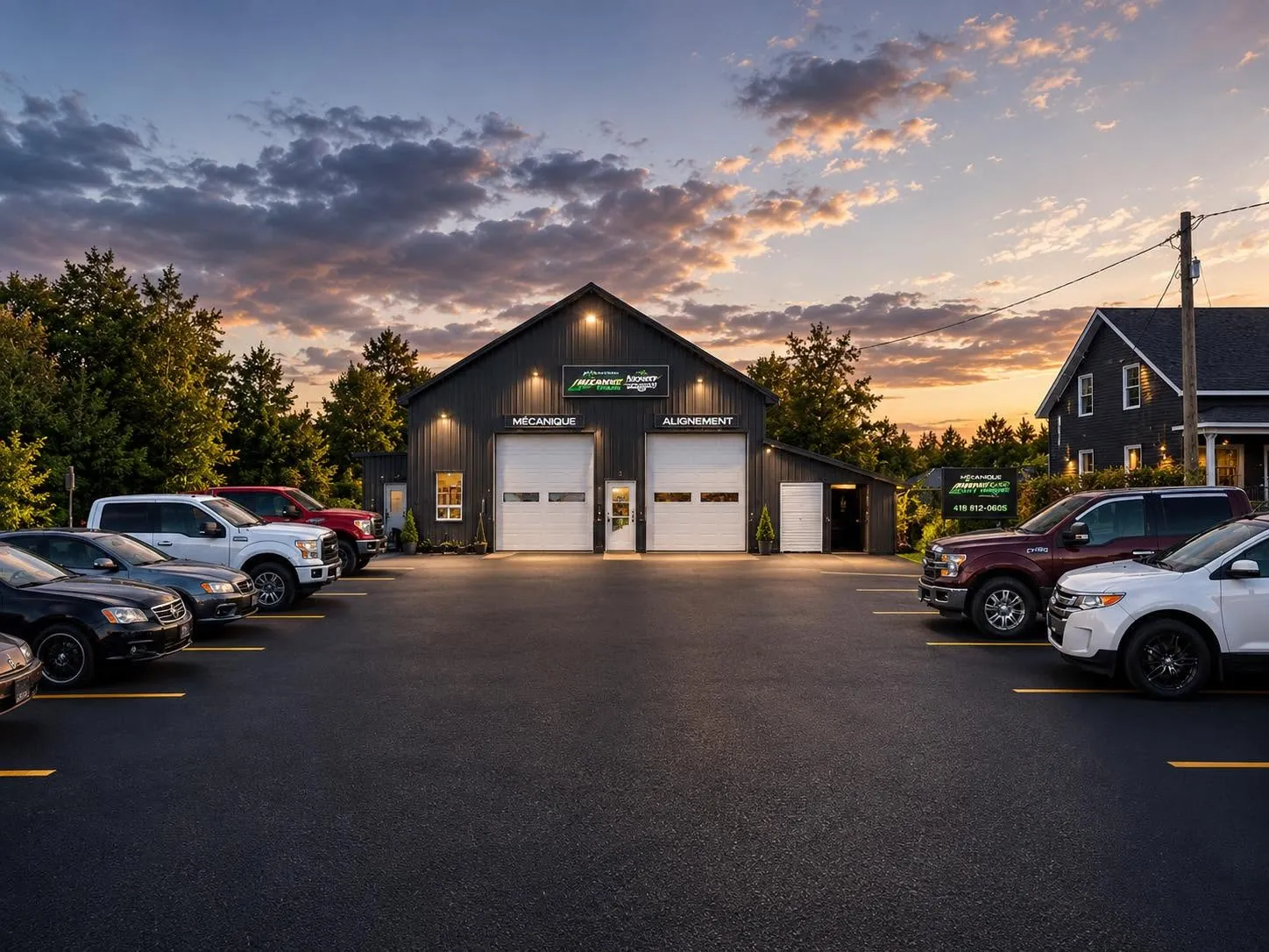 Façade du garage au coucher du soleil, avec des véhicules stationnés devant le bâtiment